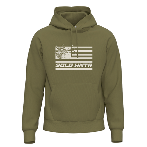 SOLO HNTR - "WAPITI FLAG" Midweight Pullover Hoodie (Military Green)